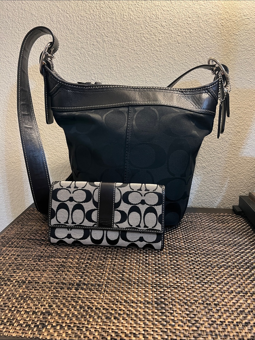 Coach Black Signature Canvas Bucket Shoulder Bag with Wallet
